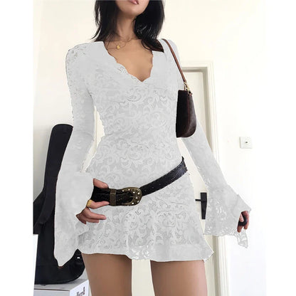Summer Y2k Women's Dresses Sexy Sheer Mesh Lace Bodycon Dress Flared Long Sleeve V-Neck Mini Dress Party Club Evening Dresses