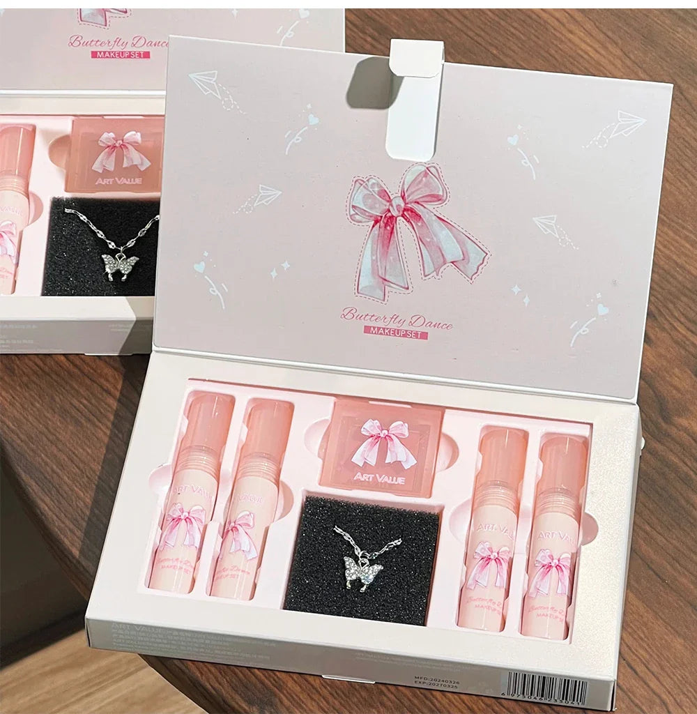 Makeup Sets Include 4Pcs Velvet Matte Lip Mud,1 Pc Blush Palette And 1 Necklace Gift Cosmetics Kits Lasting Lipgloss
