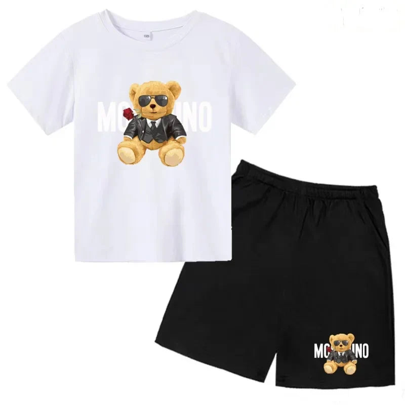 Boys Girls Summer Casual 2Pcs Set Lovely Bear Letter Print T-shirt & Shorts Comfortable Sports Running Suit
