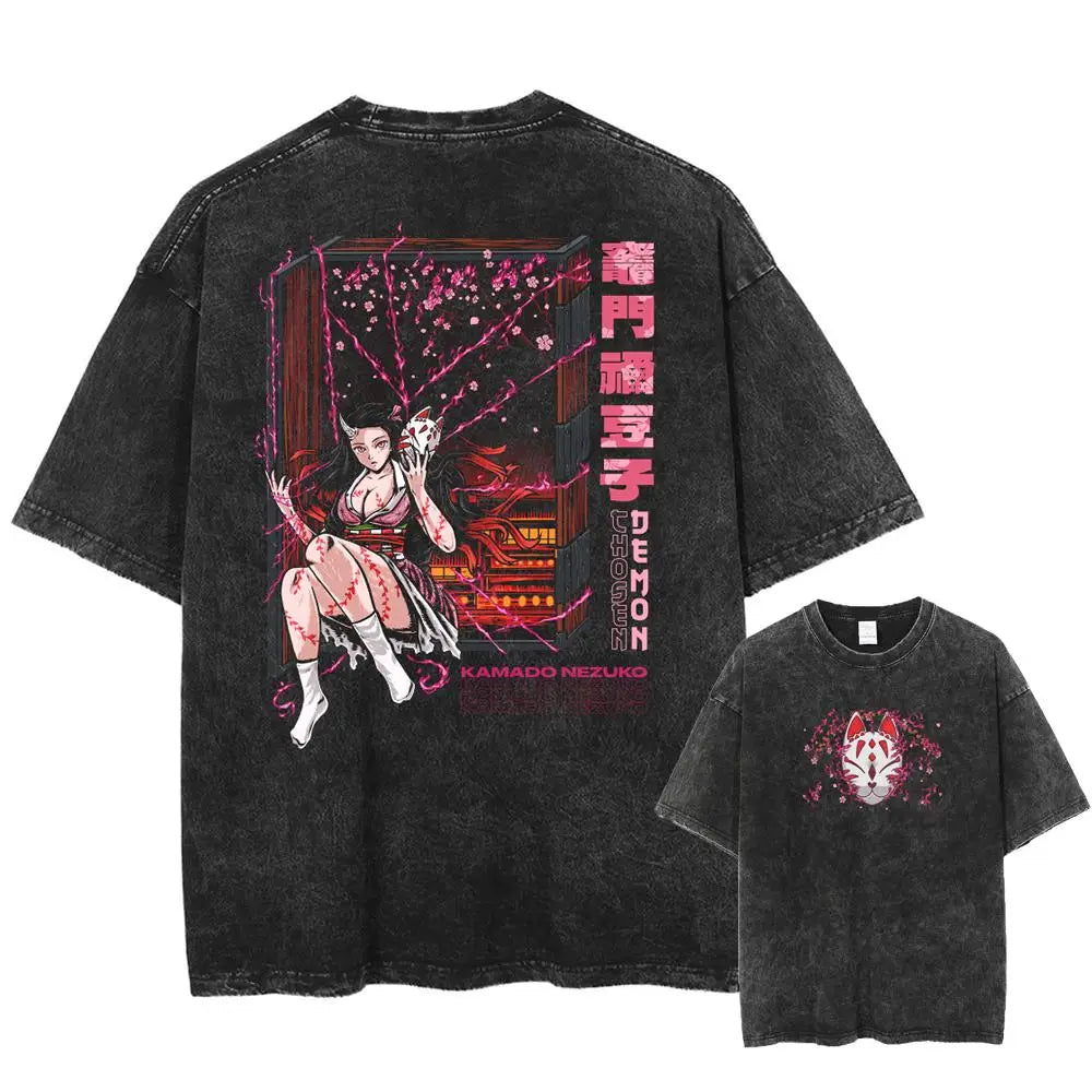 2025 Summer Men's Washes T-shirts Japanese Anime Demon Slayer Kyoujurou Graphic Clothing Harajuku Y2K Oversized Pure Cotton Tops