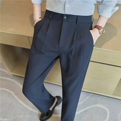 Men's Old Money Style Linen-Cotton Pleated Dress Pants – Lightweight, Semi-Elastic Waist & Wrinkle-Free for Summer