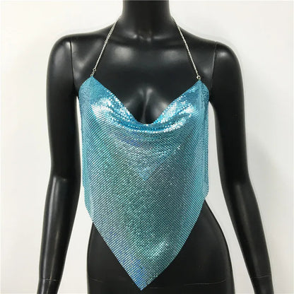 Shiny Metal Sequins Tank Tops For Women Sexy Backless V Neck Adjustable Chain Crop Top Lady Festival Rave Party Club Camisole