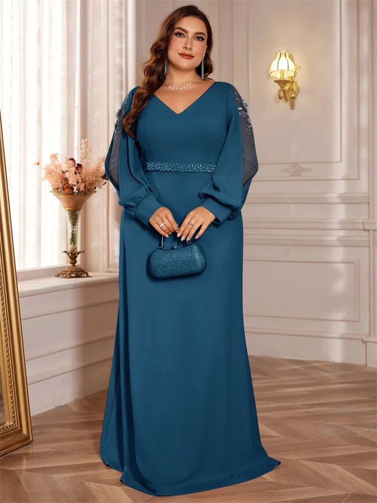 Plus Size Luxury V-Neck Red Long Sleeves Applique Formal Evening Dresses Women V-back Wedding Party Maxi Guest Gowns
