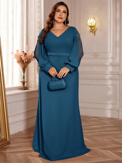 Plus Size Luxury V-Neck Red Long Sleeves Applique Formal Evening Dresses Women V-back Wedding Party Maxi Guest Gowns