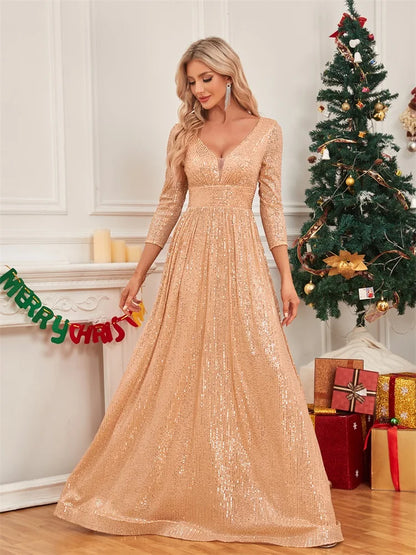 Vestido de Noite Formal Azul com Lantejoulas Decote V Manga Longa Luxuoso Feminino para Festa de Casamento Baile Formatura Maxi Coquetel