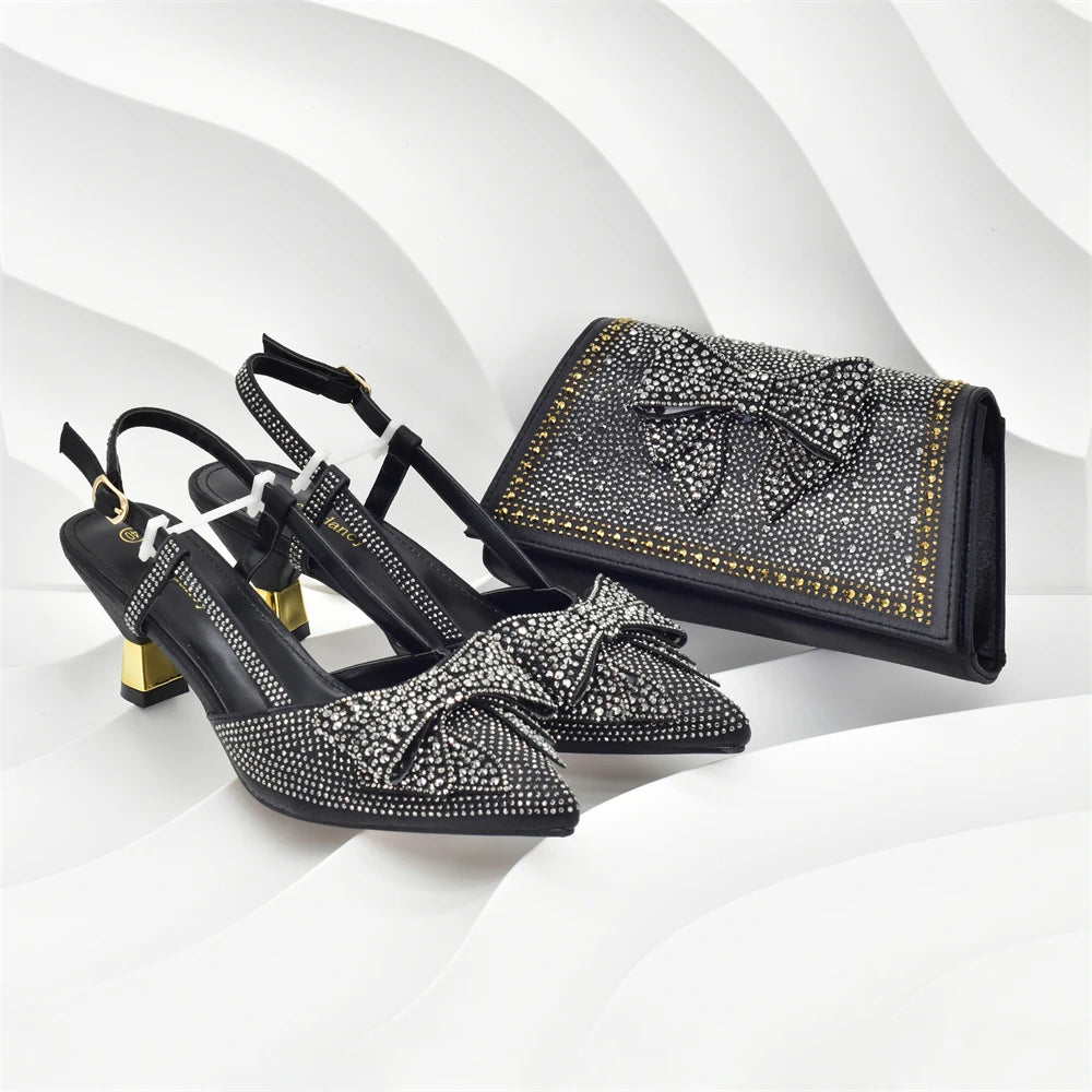 2026 Fashiona Banquet Exquisite Party Top Luxury Pointed Toe Bowtie Bright Diamond Summer Women's High Heels Shoes and Bags Set