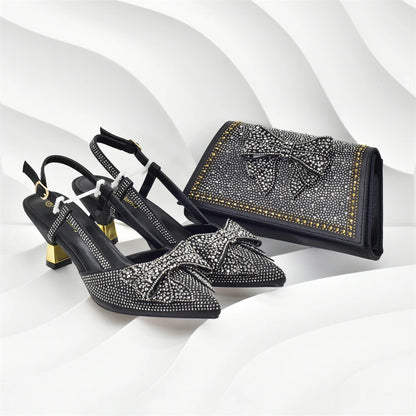 2026 Fashiona Banquet Exquisite Party Top Luxury Pointed Toe Bowtie Bright Diamond Summer Women's High Heels Shoes and Bags Set