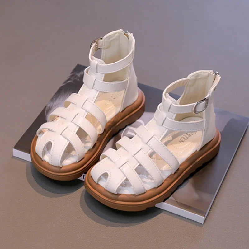 British Style Children's Sandals Girl 2024 Summer Kids Hollow-out Beach Shoes Fashion Causal Girls High-top Simple Roman Sandals