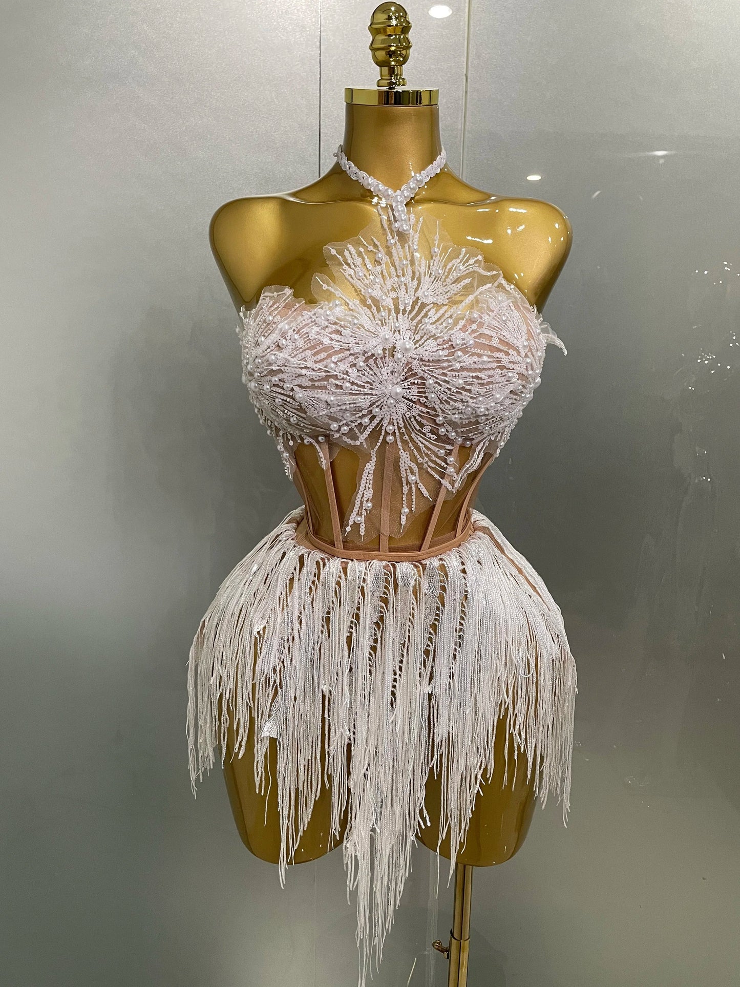 Pearl Sequins Tassel Sleeveless Glitter Mini Dress Women Singer Bar Nightclub Stage Performance Clothing Show Outfit