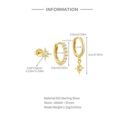 925 Sterling Silver 3pcs 4pcs Set Zircon Stud Earrings 18k Gold Star Minimalism Huggies Earring Fine Jewelly Set Party Gift