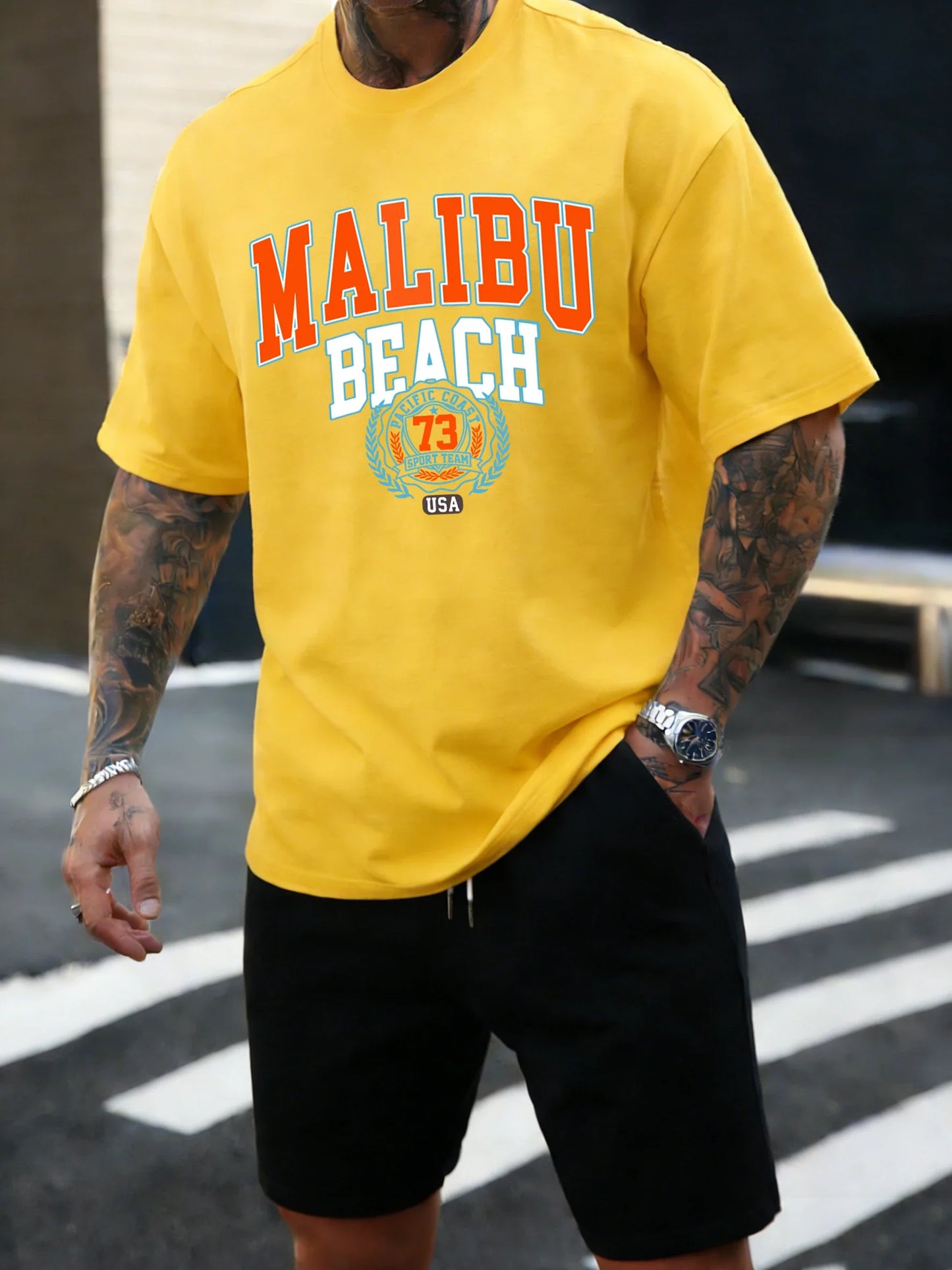 Malibu Beach 73 Usa Printing T-Shirt Mens Cotton T Shirts O-Neck Summer Basics Clothes Casual Trendy All-Match Short Sleeve