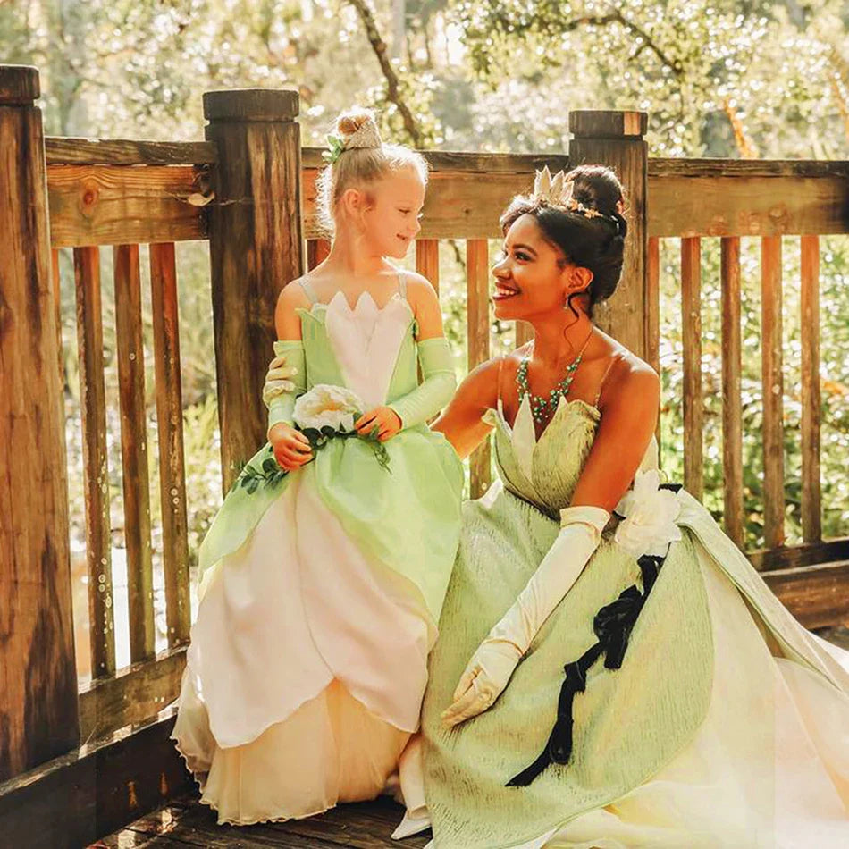 Kids Girl Tiana Dress for Girls Birthday Party Halloween Ball Gowns Evening Birthday Fancy Layered Costume Floral Fairy Clothing