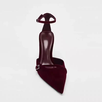 Elegant Burgundy Suede Ankle Strap High Heels Women Sexy Pointed Toe Buckle Strap Women Pumps Designer Party Shoes Heels Wedding