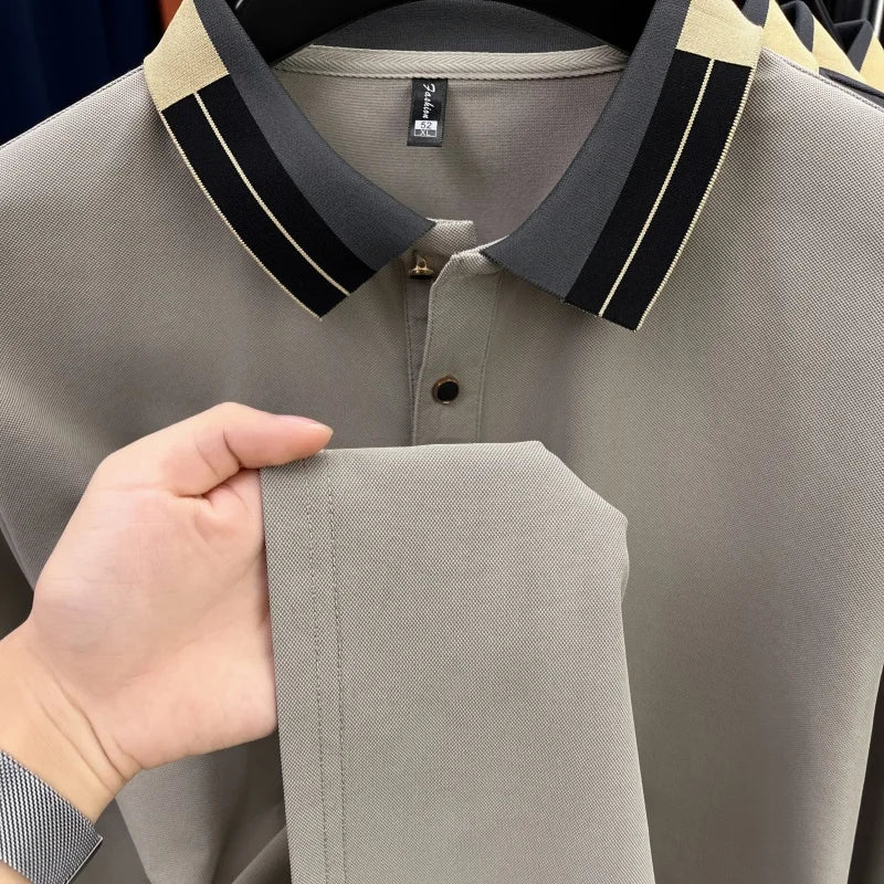 Original Design Men's Lapel Polo Shirt Autumn New Solid Color Print Long Sleeve T-Shirt High-End Business Leisure Men's Clothing
