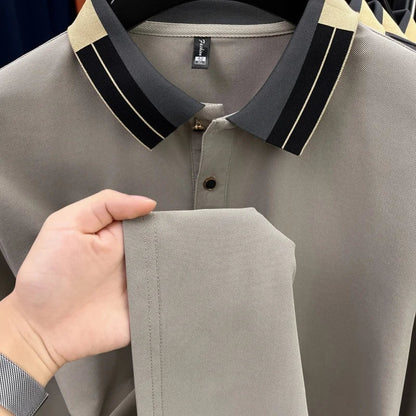 Original Design Men's Lapel Polo Shirt Autumn New Solid Color Print Long Sleeve T-Shirt High-End Business Leisure Men's Clothing