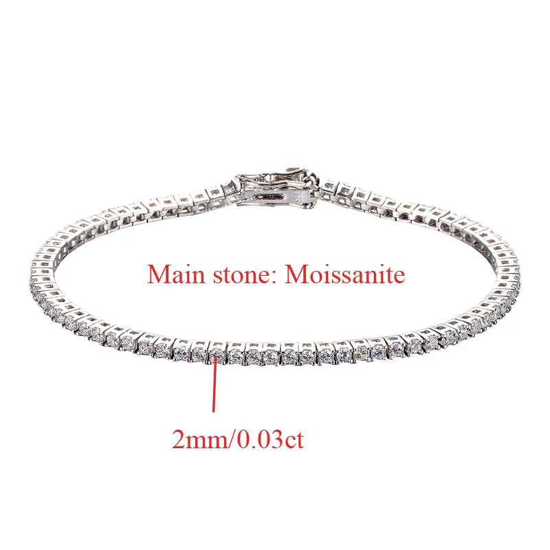 2MM 0.03 Carat Real Moissanite Women Tennis Chain Bracelet Fine Jewelry 100% 925 Sterling Silver 18K White Gold Wedding