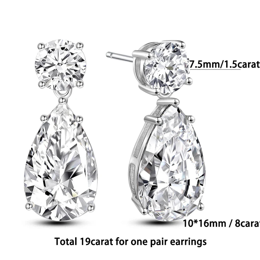 19cttw Waterdrop Full Moissanite Drop Earrings for Women 925 Sterling Silver Pear Cut Lab Diamond Stud Earrings with Certificate