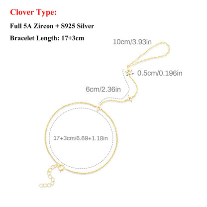 5A Zircon Finger Ring Chain Bracelets Horse Eye Lucky Clover Lab diamond Bracelet for Women Adjustable 925 Silver Jewelry