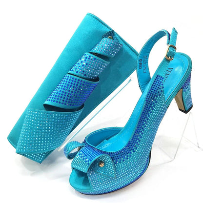 Newest INS Style Peach Color Rhinestone Elegant High Heels Nigeria Popular Design African Ladies Shoes And Bag Set