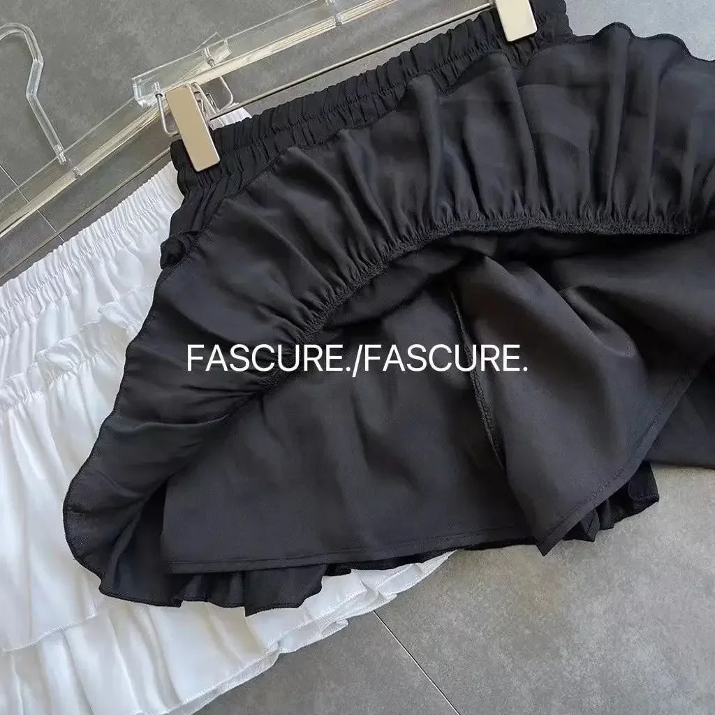 Summer Mini Pleated A-Line Skirt Adorable Flirty High Waist Ruffle Patchwork Lolita Ball Gown Y2K Korean Sweet Women's Clothing
