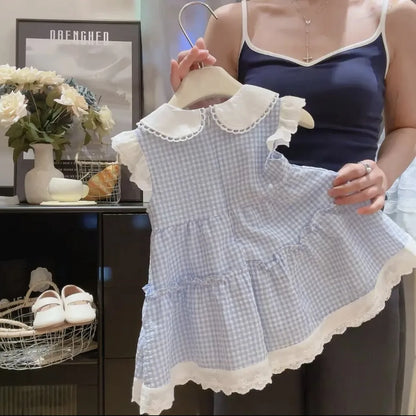 Korean Version Blue Checkered Printed Children's Clothing Sweet Girls Dresses Lace Patchwork Lapel Sleeveless Dress