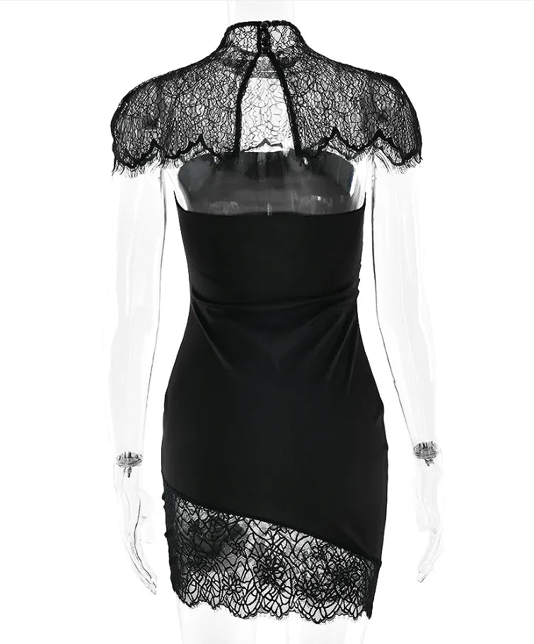 Black Lace Patchwork Strapless Dress Women Sexy Cape Shawl Waist Cinching Slim Mini Dresses Lady 2026 Evening Club Party Gowns