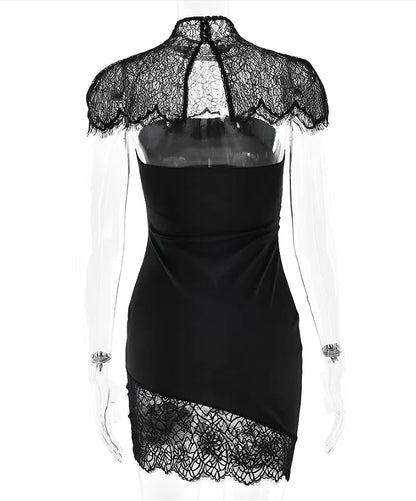 Black Lace Patchwork Strapless Dress Women Sexy Cape Shawl Waist Cinching Slim Mini Dresses Lady 2026 Evening Club Party Gowns