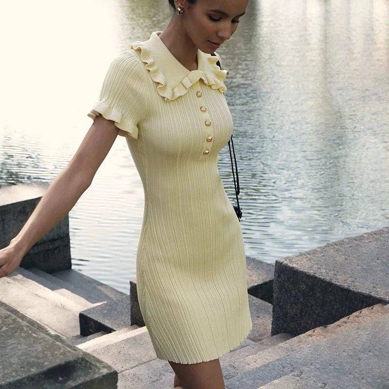 Ruffled Knitted Mini Dresses For Women High Waist Summer 2025 New Short Sleeve Dress Bodycon Female Retro Elegant Dress