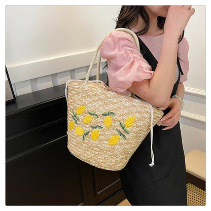 Embroidery Fruit Solid Color Shoulder Bag Straw Woven Hollow Versatile 2025 High Quality Bags for Women New Beach Handbags