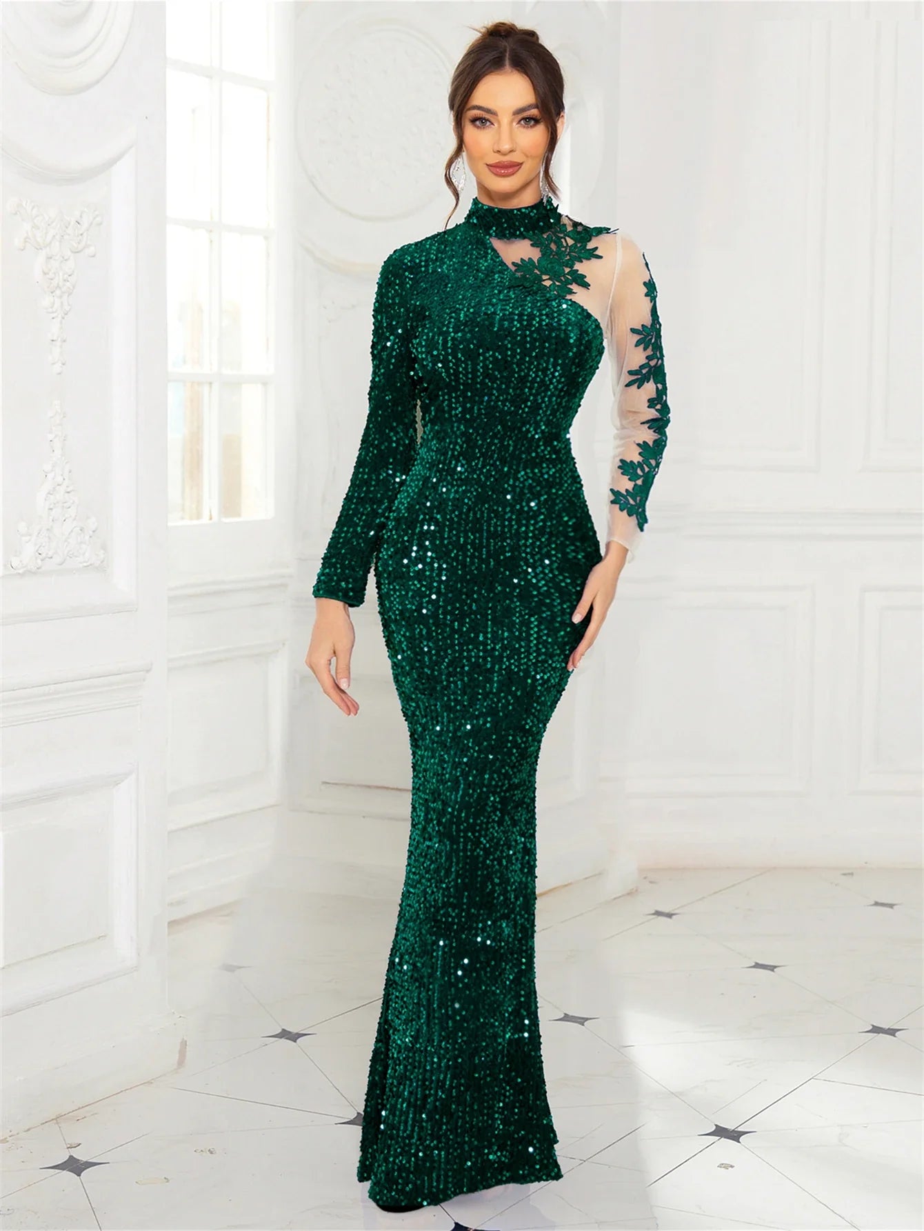 Royal Blue Full Sleeved Lace Floral Sequined Velvet Evening Dress High Neck Hollow Out Long Prom Gown