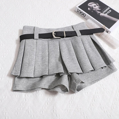Kimotimo Womens Shorts Autumn Winter Belt High Waist Fluffy Pleated A-line Short Pants Korean Fashion Sexy Y2k All Match Clothes