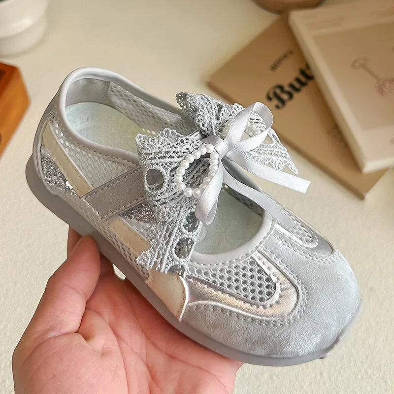Kids'Casual Shoes Sneakers Mesh Bow Spring Summer Shoes For Girls Anti-slip Breathable Soft Bottom White Silver Shoes Size 23-36