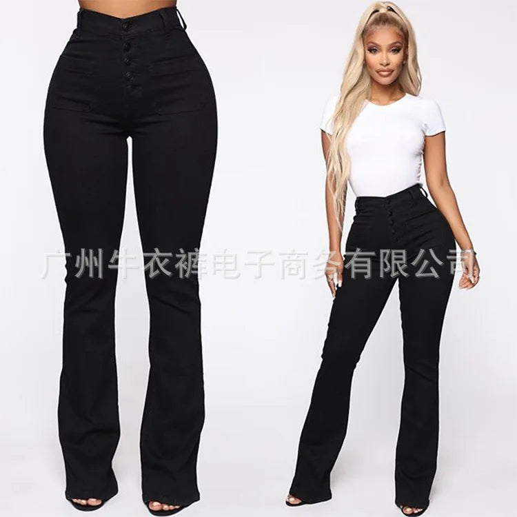 High Waist Breasted Jeans Slightly Flared Pants Jeans