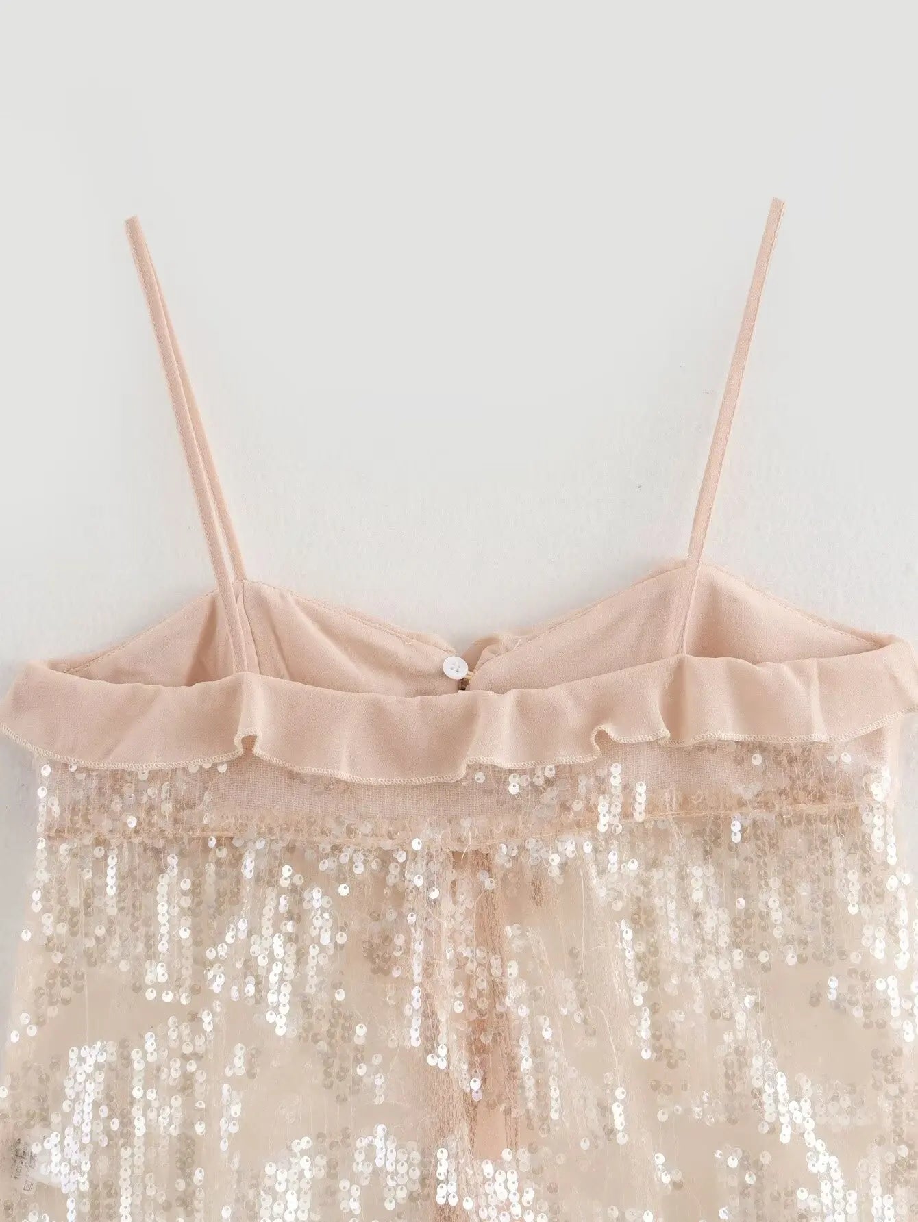 2025 Women Chic Pleat Ruffles Sequined Design Chiffon Sling Camis Tank Top Lady Backless Short Crop Shirt Blouse Tops Clothes