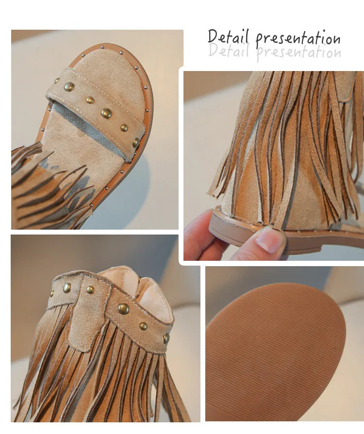 One-strap Summer Roman Shoes for Girls Tassel Rivets High-top Sandals Little Girl Soft Sole Bohemian Dress Shoes Child I06133