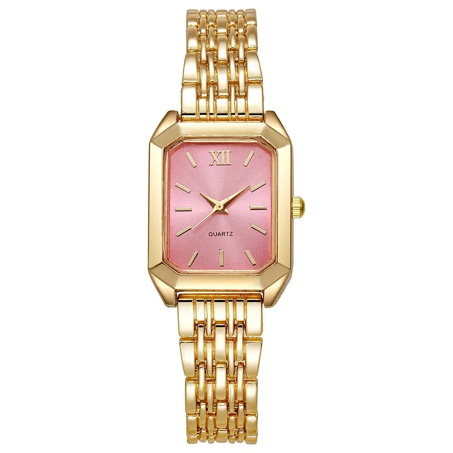 Luxury Women's Quartz Watch Set Fashion Alloy Band Business Ladies Watches Square Quality Gold Plated Folding Female Clock