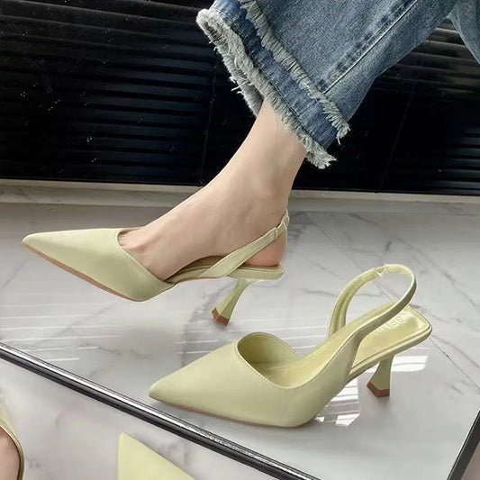 Summer 2026 Pointed Toe Single Shoes Women's Fashionable High Heels with Back Strap Slip-On Casual Style Leather Sandals