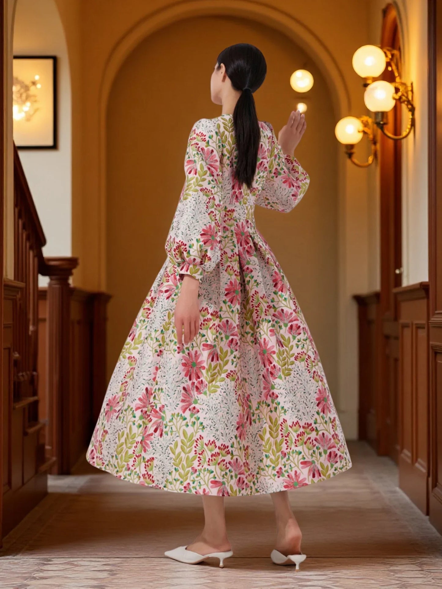 Winter and autumn luxurious and elegant lantern-sleeved wide-sleeved formal evening dress for banquets, wedding guests' attire