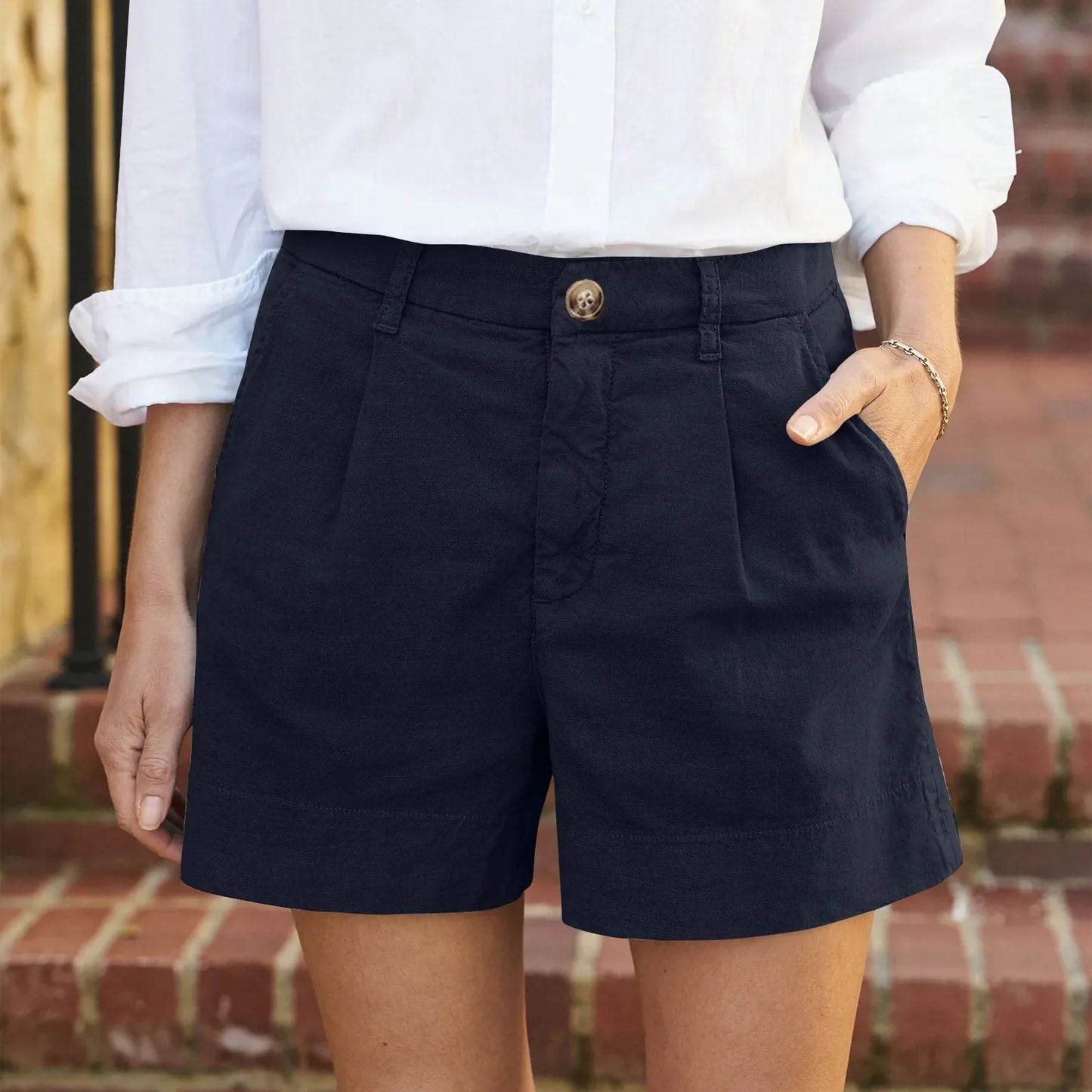 Cotton Linen Solid Shorts For Women Button High Waist Summer Loose Casual Pockets Shorts Female Pants Women Clothing
