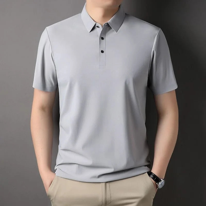 High quality wrinkle resistant ice silk short sleeve t-shirt men's summer Lapel loose casual solid color top high-end polo men