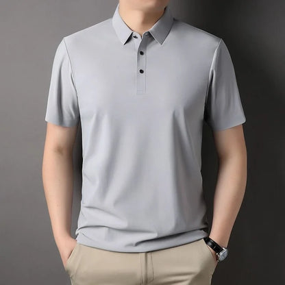 High quality wrinkle resistant ice silk short sleeve t-shirt men's summer Lapel loose casual solid color top high-end polo men