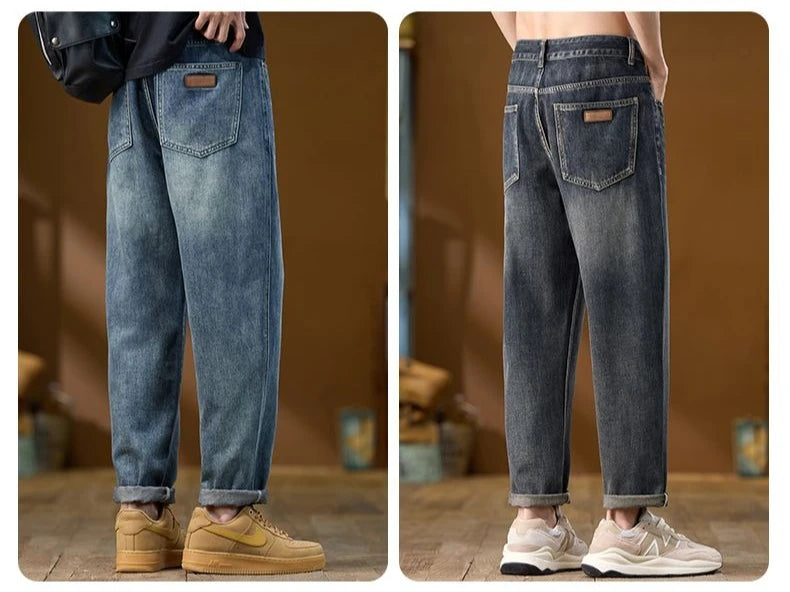 Jeans Denim Straight Pants Men Washed Distressed Mid Waist Pockets 2025 Streetwear Basics Ankle Length Trousers Vintage Denims