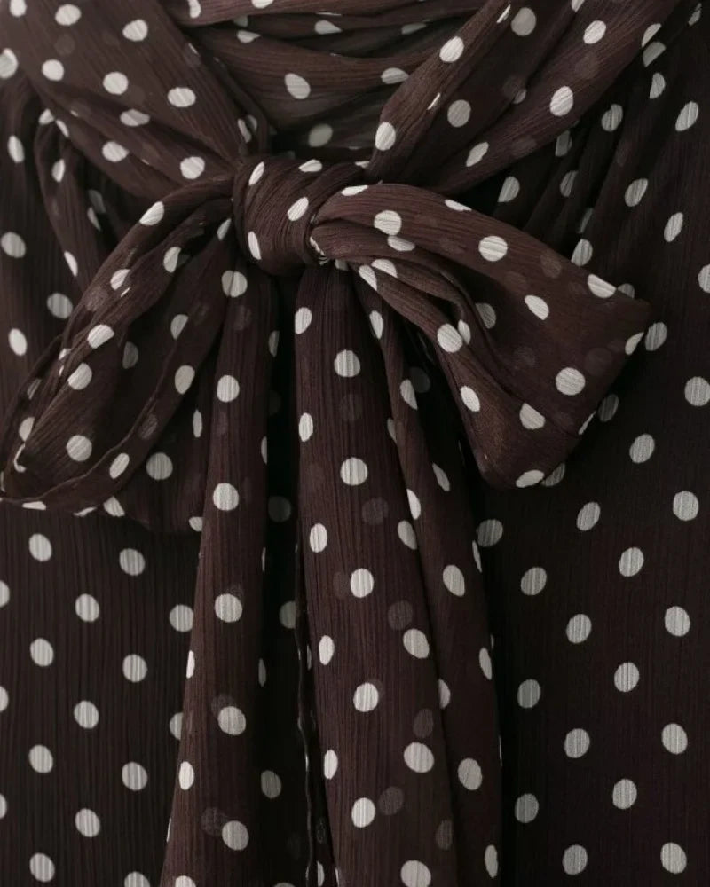 Elegant Women Polka Dot Blouse, Spring Bow Tie Lantern Sleeve Layered Neck Chiffon Shirt, Casual Daily Office Top