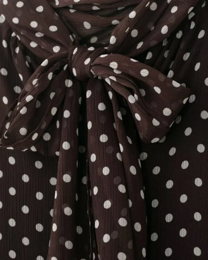 Elegant Women Polka Dot Blouse, Spring Bow Tie Lantern Sleeve Layered Neck Chiffon Shirt, Casual Daily Office Top