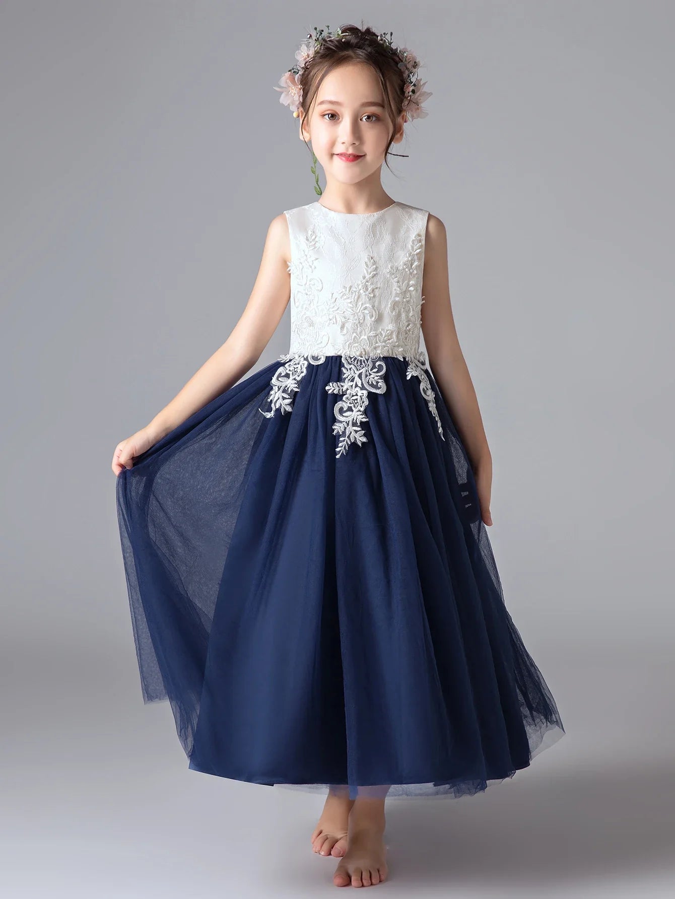 Flower Girl Dresses for 6 Year Olds Navy Blue Young Girl Dresses Ankle-Length Ball Gown