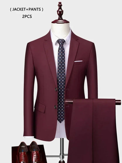 ( Jacket +Vest+ Pants ) Luxury Men's High-end Brand Solid Color Business Office Suit 3Pcs & 2Pcs Groom Wedding Party Suit Tuxedo