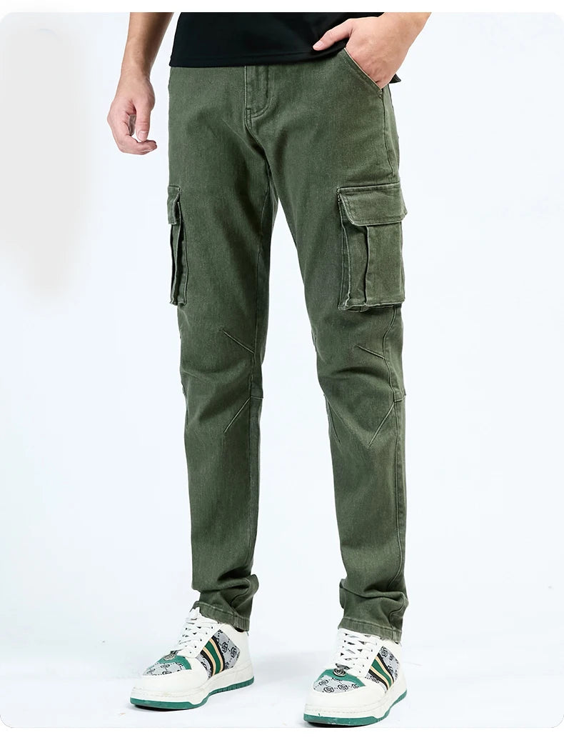 Men's Jeans Street Style Waist Denim Cargo Pants Solid Color Washed Slim Fit Casual Jeans with Multiple Pockets for Daily Wear