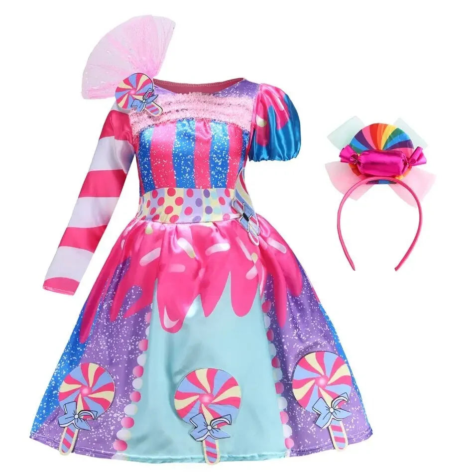 Presente Clássico para Festa de Carnaval de Purim para Meninas Vestido Arco-Íris Assimétrico Longo e Curto com Manga Doce Conjunto de Vestidos Fofos para Férias de Natal