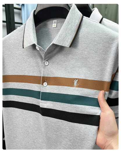 Boutique cotton short sleeve men's polo shirt 2025 summer fashion striped high-end flip collar top casual youth business T-shirt