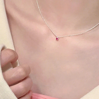 925 Sterling Silver Necklace Pendant For Women Jewelry Love Necklace Small Mini Red Heart Pendant Simple Heart Shaped Collar